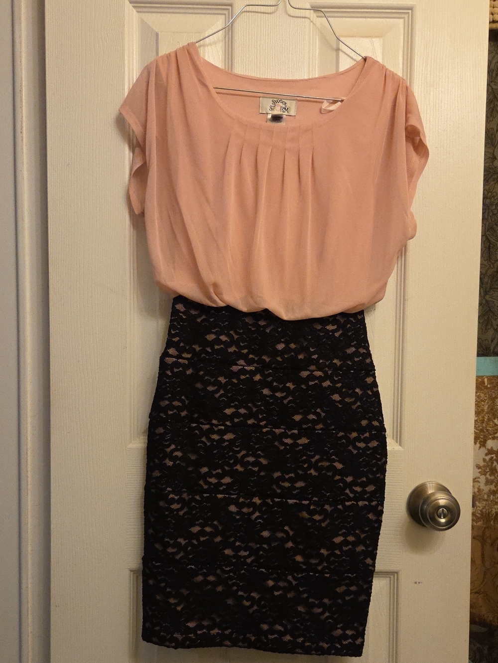 Sweet Storm Blush Pink Top with Black Lace Pencil Skirt